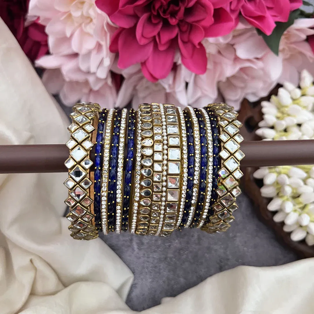 Elegant Navy Blue Glass Bangle & White Stone Silk Thread Bangle Set